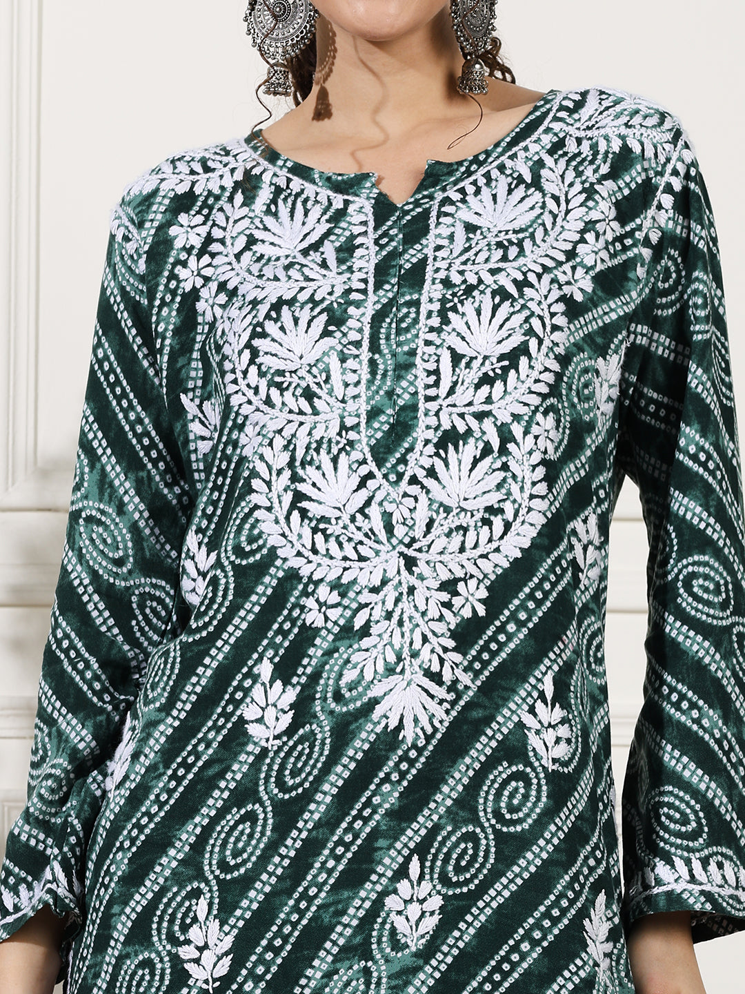 Green Color Rayon Chikankari Bandhani Kurti