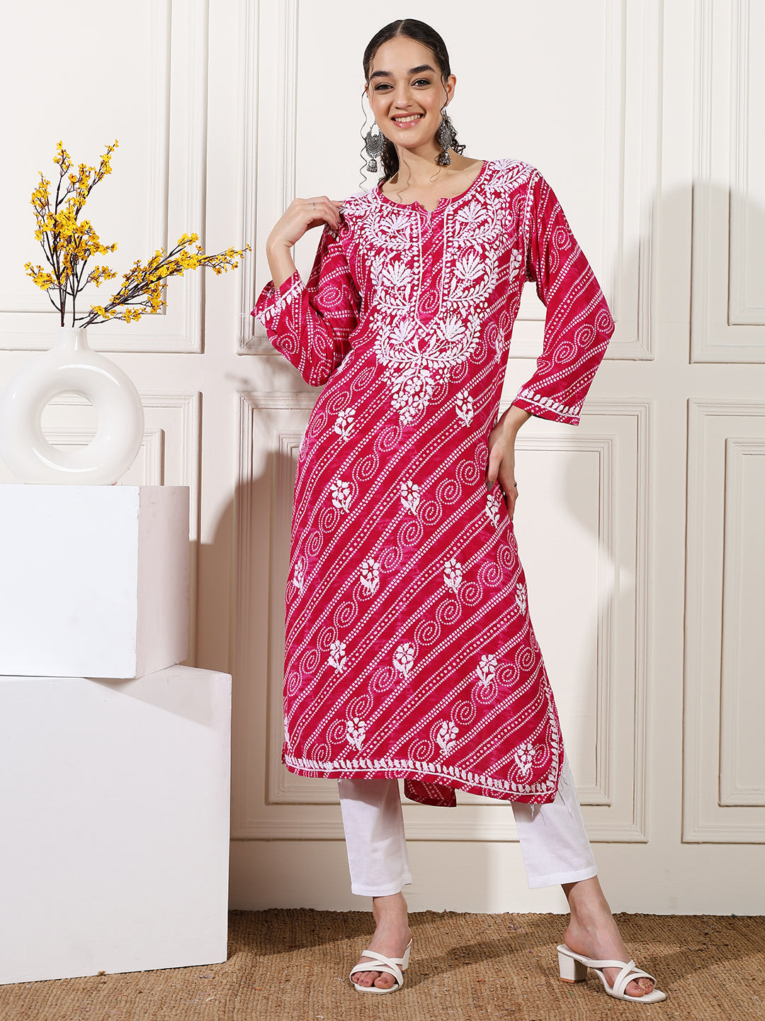 Pink Color Rayon Chikankari Bandhani Kurti