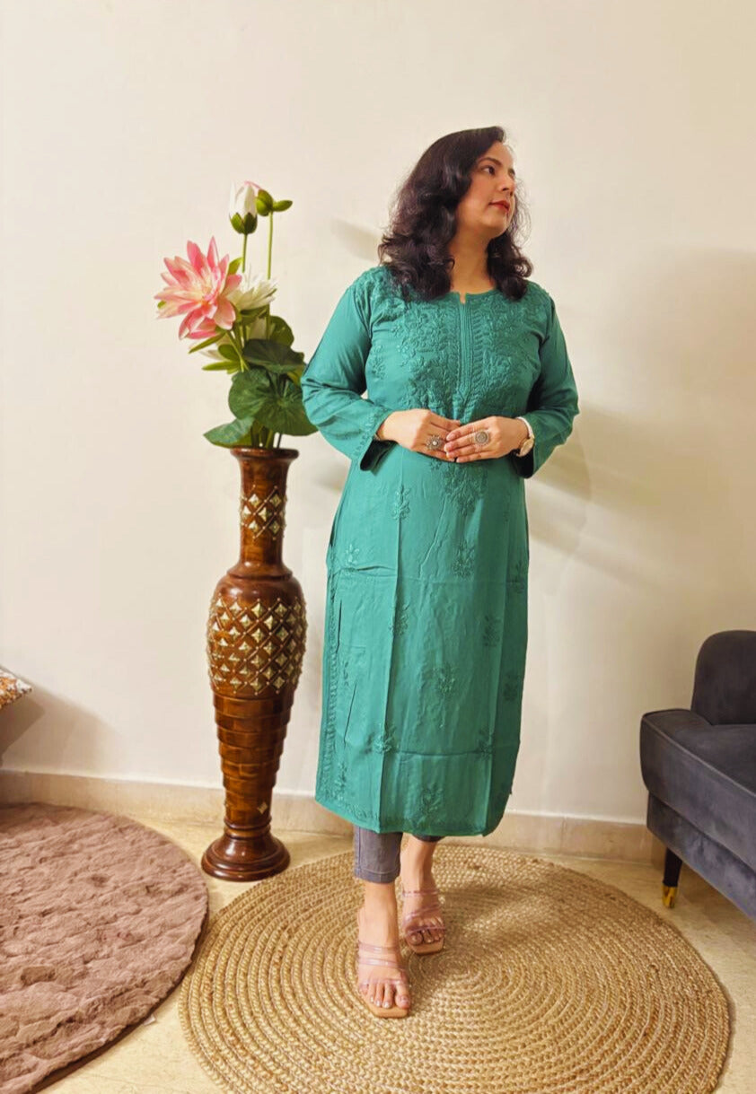 Rayon Chikankari Green Kurti