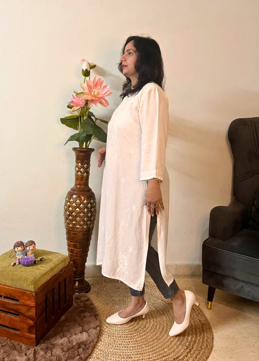 Rayon Chikankari Mukesh Work Kurti | White
