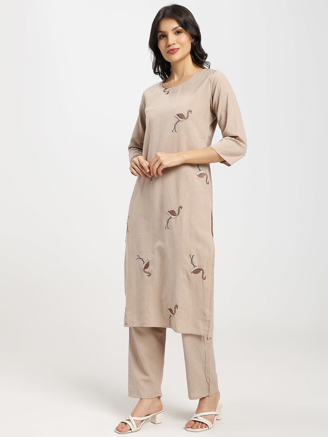 Hand Embroidered 2Pc Kurta Set |  Beige | Delicate kardana and moti embellishments