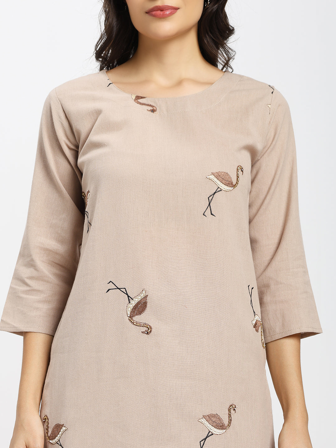 Hand Embroidered 2Pc Kurta Set |  Beige | Delicate kardana and moti embellishments