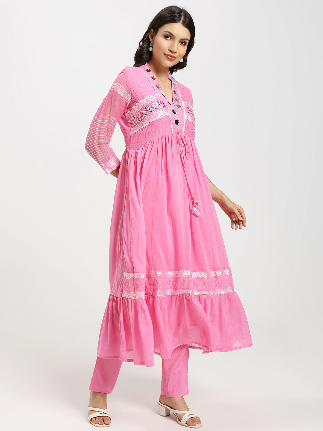 2-Piece Designer Frock Set In Pink With Mirror Detailing