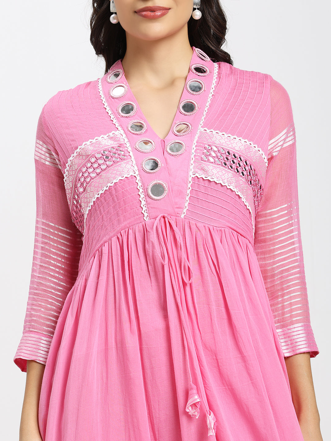 2-Piece Designer Frock Set In Pink With Mirror Detailing