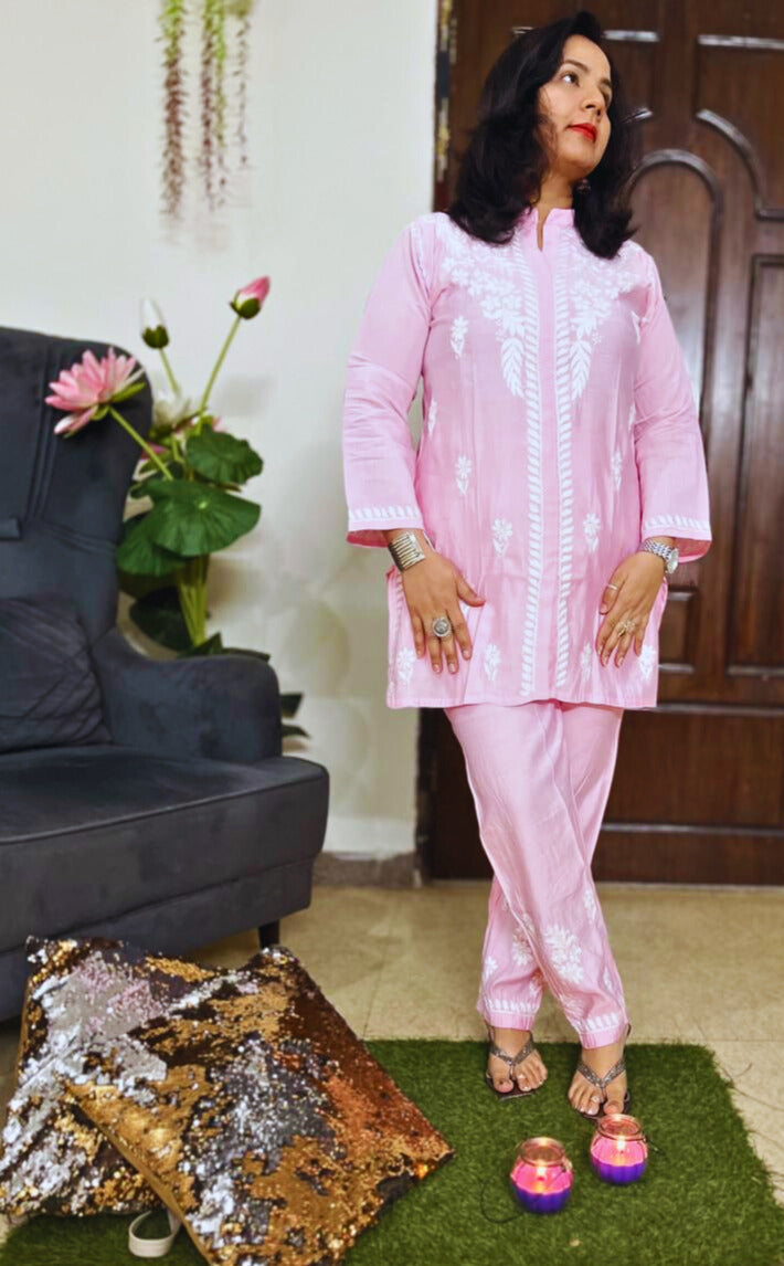 Chanderi Chikankari Coord Set Pink