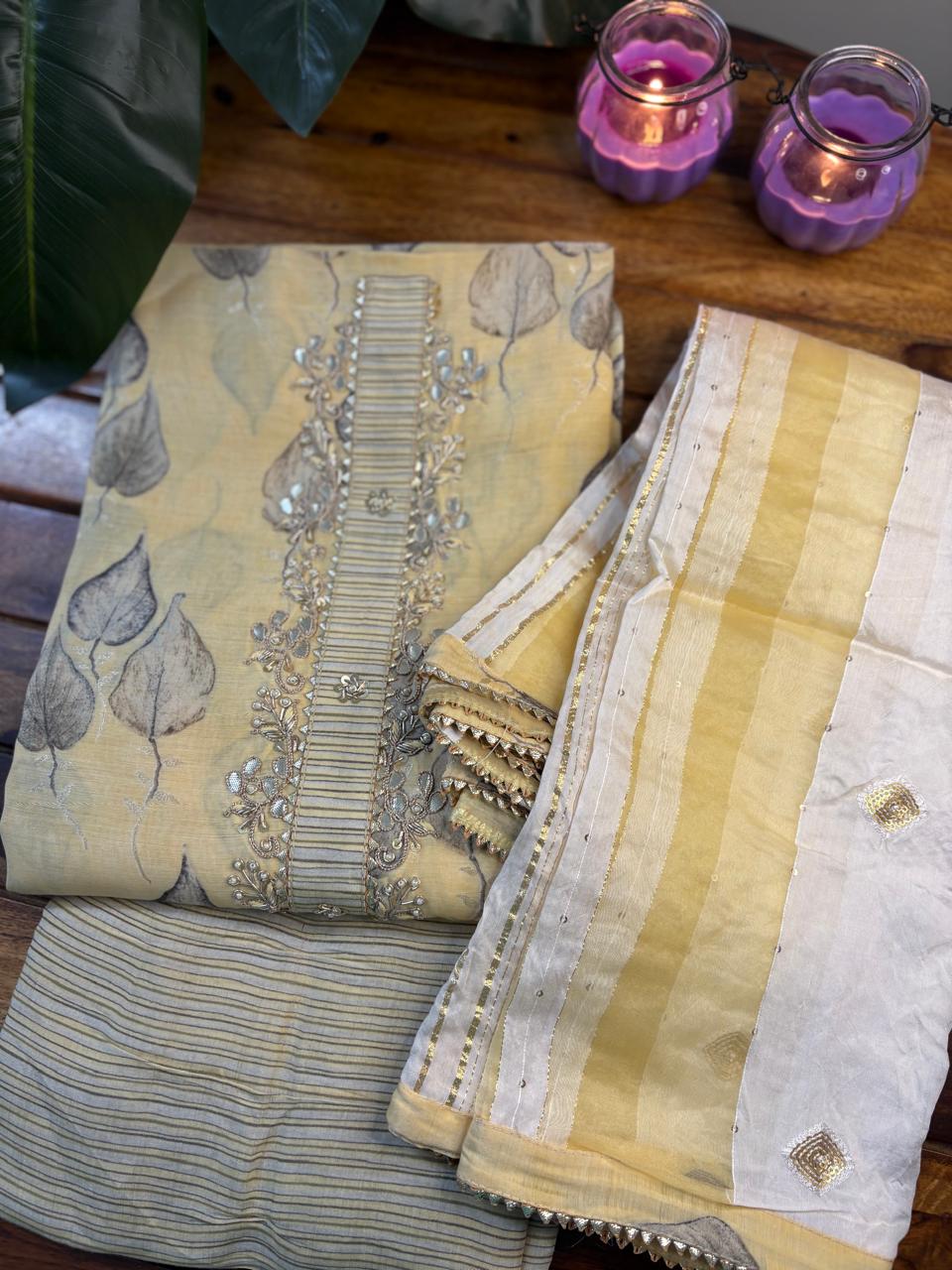 Unstitched 3-piece Muslin Suit Set | Yellow | Maslin