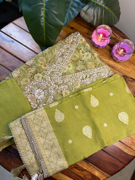 Unstitched 3PC Tissue Suite Set  | Green | Tissue Fabric