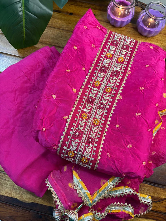 Unstitched 3PC Sarara Suite Set | Royal Pink | Upada Silk