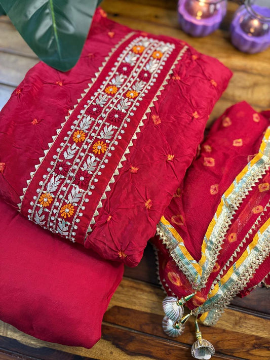 Unstitched 3PC Sarara Suite Set | Red | Upada Silk