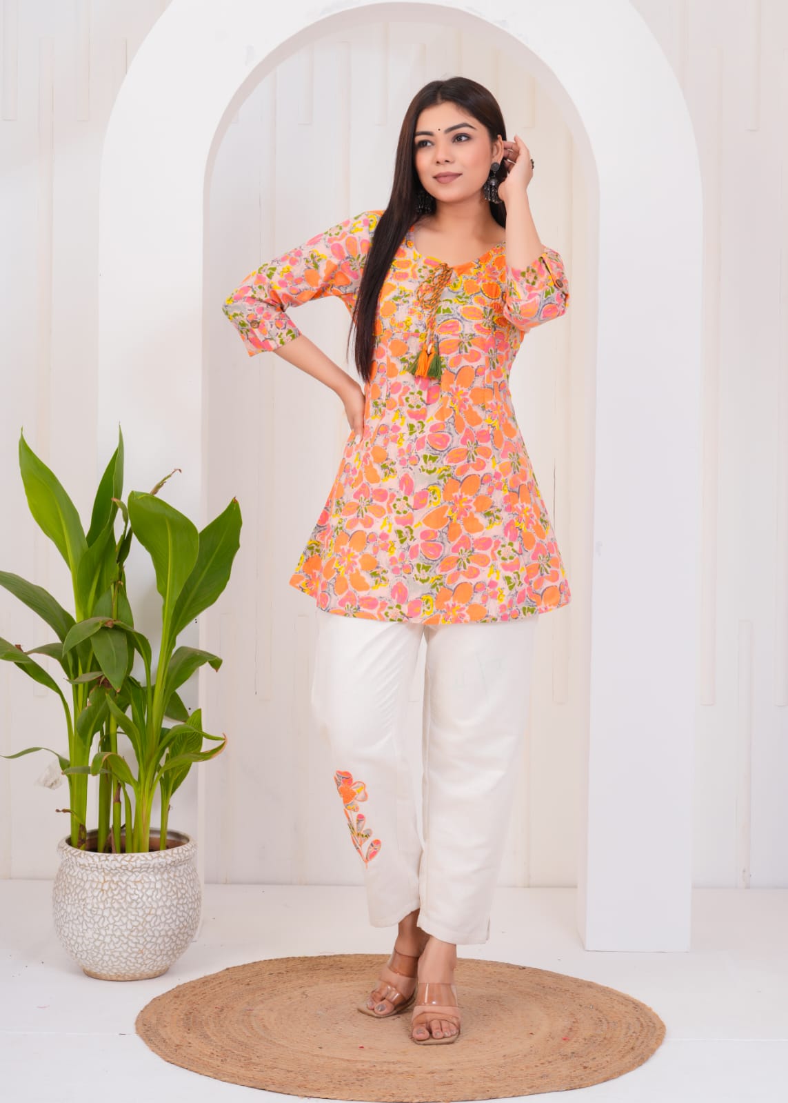 Multi Color top & Cream Color Pant Set