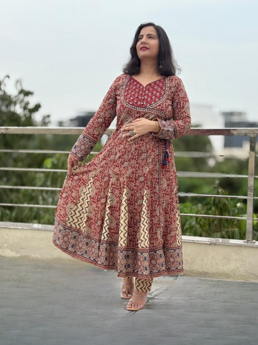 Jaipuri Maroon Anarkali Set with Chevron Detailing