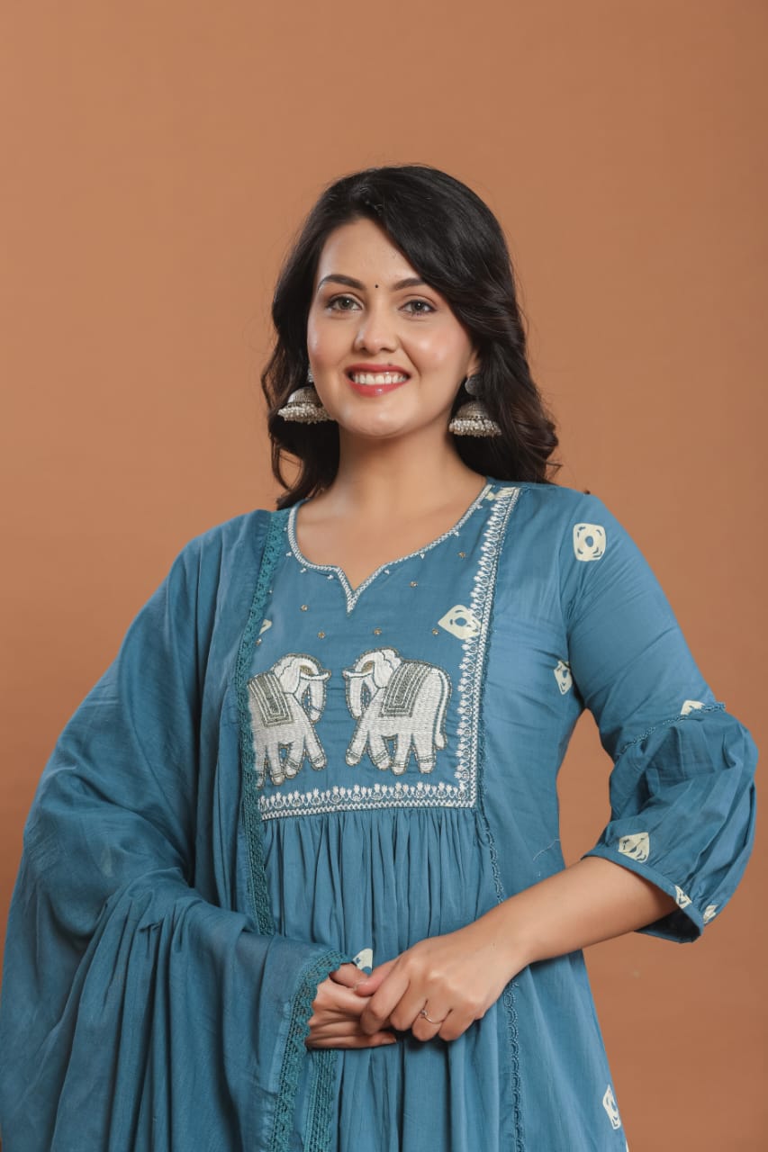 Jaipur Cotton Suite Set | Handwork on Neckline | Intricately designed Elephants Motifs