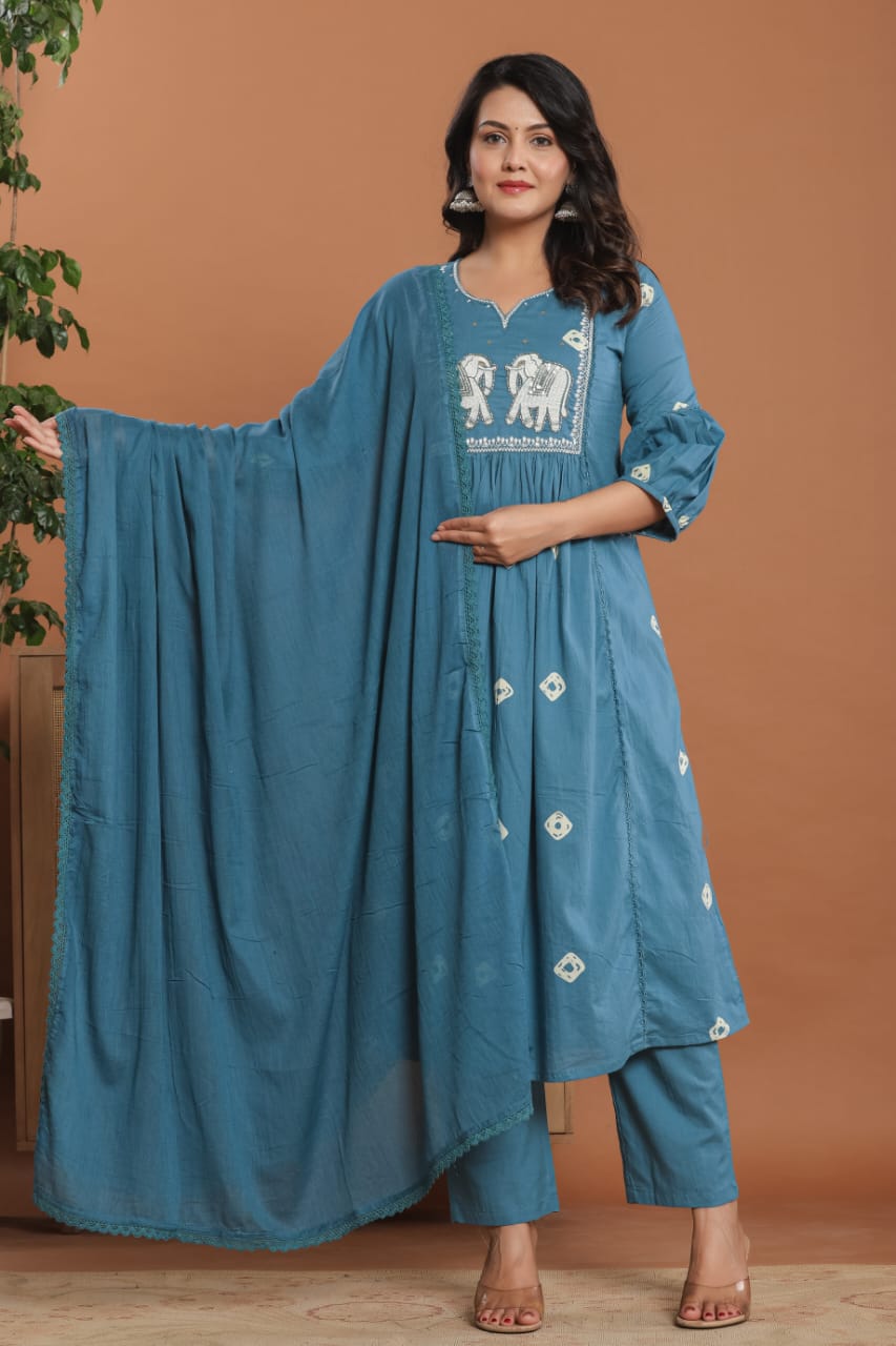 Jaipur Cotton Suite Set | Handwork on Neckline | Intricately designed Elephants Motifs