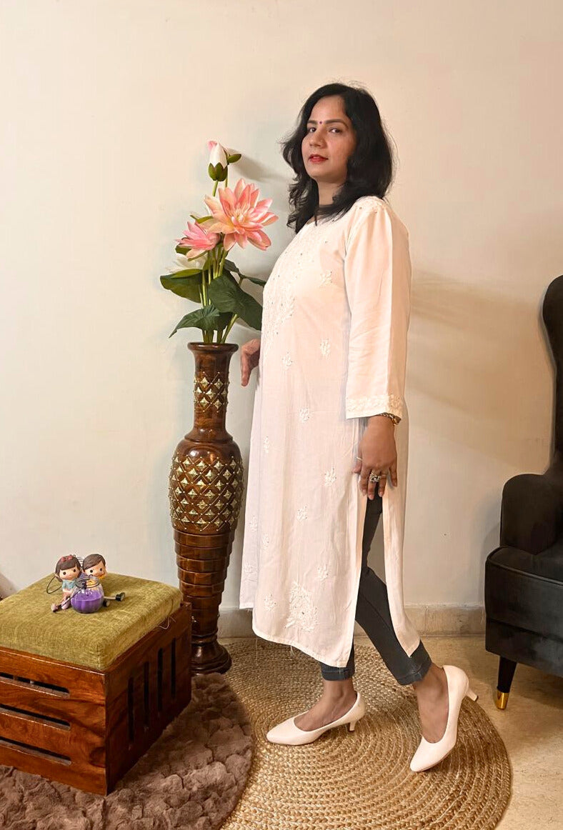 Rayon Chikankari Mukesh Work Kurti | White
